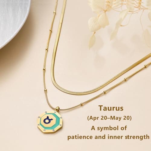 LETFLY Taurus Zodiac Necklace for Women, 18K Gold Plated Octagon Shaped Pendant with Cubic Zirconia Adjustable Layered Snake Chain for Womens Jewelry Gifts - Thumbnail 5