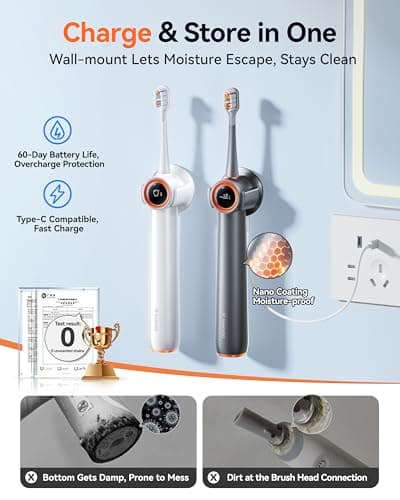 RANVOO AirJet™ [Max Jet Clean] [Vibrating & Flossing 2-in-1] Bubble Sonic Electric Toothbrush, Plaque Removal, White for Adult Protect Gum Teeth Clean Rechargeable Gift with 2 Soft Brush Heads Gray - Thumbnail 6