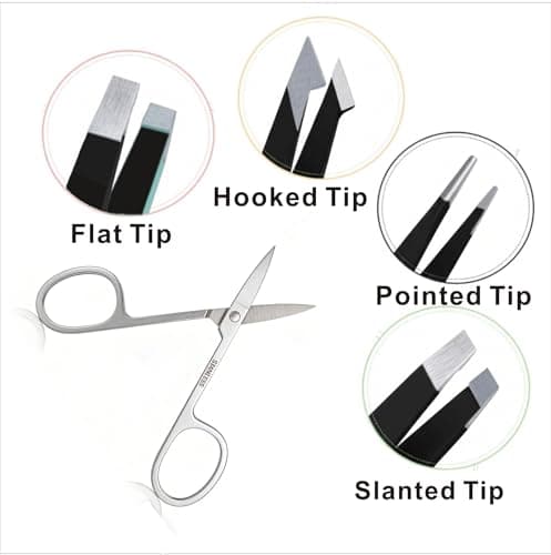 MIQUENYA 8 Pcs Eyebrow Kit, 4 Professional Eyebrow Tweezers for Women Facial Hair, Tweezer Kit and Tweezer Set, Small Eyebrow Scissors, Nose Hair Scissors, Eyebrow Brush, Portable Plastic Case,Black - Thumbnail 4