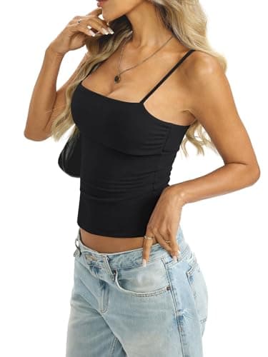 EasyGala Womens Cotton Foldover Tank Tops Sexy Square Neck Spaghetti Strap Cami Basic Summer Low Cut Camisole Fitted Y2K Trendy Going Out Shirts 2026 True Black X-Small - Thumbnail 4