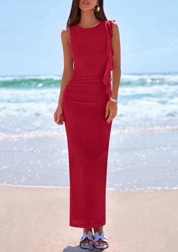 PRETTYGARDEN Women's Summer Maxi Dresses 2026 Sleeveless Ruffle Formal Wedding Guest Cocktail Party Bodycon Split Long Prom Dress(Red,L) - Thumbnail 2