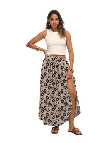 HiMONE Women Maxi Skirt with Side Slit Flowy A Line Elastic Waist Lightweight for Vacation Everyday Wear - Thumbnail 4
