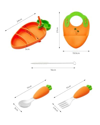 Ecrekhom Silicone Baby Feeding Set 5 Pcs, Weaning Supplies, Carrot Baby Plates Baby Spoon & Fork, Baby Utensils Feeding Essentials - Thumbnail 2