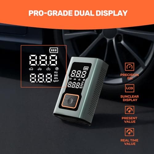 Cordless Tire Inflator Portable Air Compressor, 150 PSI Mini Bike Pump with Digital Dual Values Display, Electric Car Pump with Pressure Gauge LED Light, Air Pump for Auto, Motorcycle, Bicycle, Balls - Thumbnail 5