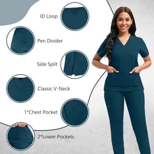 YEZEX Scrubs for Women Set, Women's V-Neck Top & Jogger Scrub Pants, Nursing Uniform Scrubs Set with 8 Pockets, for Nurse Esthetician Workwear (Caribbean Blue) - Thumbnail 4