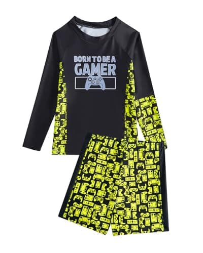 JiAmy Boys 2 Piece Rash Guard Swimsuit Long Sleeve Swimwear Set Quick Dry Bathing Suit with Trunk Swim Set 8 Years Yellow - Image 1