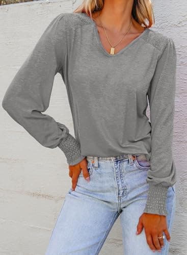 Dokotoo Shirts for Women Ruffle Long Sleeve V Neck Solid Color Knit Business Casual Corset Tops Comfy Ladies Basic Blouses Fall Clothes for Women 2024 Medium Grey Large - Thumbnail 4