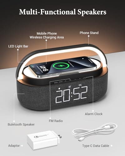 COLSUR Bluetooth Speaker with Wireless Charger, FM Radio, Dimmable LED Night Light, Stereo Sound Dual Wireless Speakers, 2500mAh Portable Speaker for Home Decoration, Bedroom, Office, Gift - Thumbnail 4
