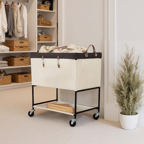 StorageWorks Laundry Cart, 2 Tier Rolling Laundry Basket, Heavy Duty Laundry Basket with Lockable Wheels, Laundry Room Organization and Storage, Clothes Hamper for Bedroom, Dorm, Closet, 46Gal, Beige - Thumbnail 6