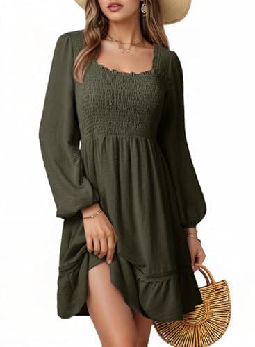 Dokotoo Flowy Dresses for Women Elegant Classy Wedding Guest Dresses Casual Scoop Neck Long Sleeve Spring Outifits Tiered High Waist Lace Dress Ruffle A-Line Beach Dress Green Small - Image 1