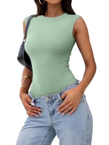 PINKMSTYLE Cute Double Lined Sleeveless Bodysuit for Women Crew Neck Tank Tops Sexy Thong Outfits Tops Sage Green Medium - Thumbnail 3