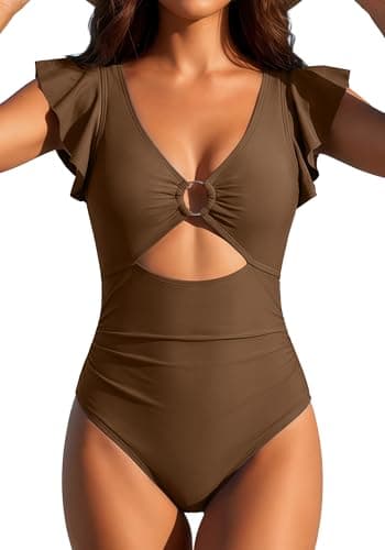 SOCIALA Bathing Suits Tummy Control Womens One-Piece Swimsuits Ruffle Sexy Swim Suit O-Ring Tankini Swimwear Coffee S - Image 1