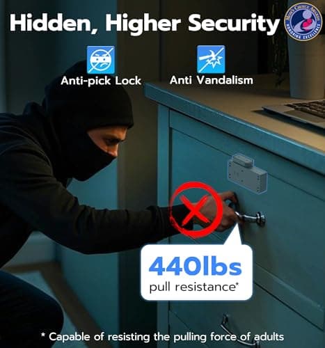 Anweller Smart Cabinet Lock, Hidden No Drill Adhesive Baby Proofing Child Proof Drawer Locks, Keyless RFID Bluetooth Cabinet Locks for Adults File Kitchen Cupboard Closet Liquor - Black - Thumbnail 4