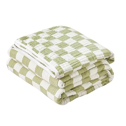 SANACYNA Muslin Throw Blanket 100% Cotton Green Grid Cooling Blanket 6-Layer Gauze Lightweight Soft Breathable Blanket for Sofa Couch Birthday Gifts for Daughter (Green Checkerboard, Throw 50"x60") - Image 1