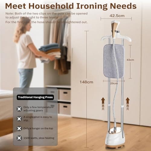 HAPAIS Steamer for Clothes,1800W Standing Garment Steamer 30s Heat-up with Adjustable Stable Double Rod,2-in-1 Flat & Hanging Ironing,Clothes Steamer with 10 Fabric Steam Modes - Thumbnail 6