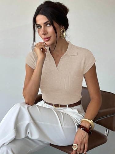 LaGracia Womens Sweater Knit Polo Cap Sleeve Business Casual Tops for Women 2026 - Thumbnail 4