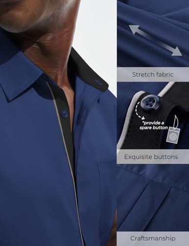 PJ PAUL JONES Mens Casual Business Shirt Short Sleeve Dress Formal Shirts Lightweight Button Up Shirt Navy Blue M - Thumbnail 3