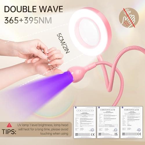 AORAEM LED UV Nail Lamp: Double-Headed Gooseneck Lamp for Gel Nails, LED Flash Cure Lamp with 6X Magnifier Home DIY Salon, Pink - Thumbnail 6