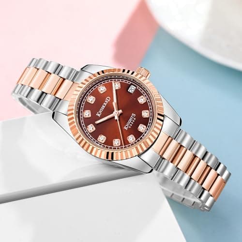 KNISKRED Classic Watch for Women with Crystal Accented and Solid Stainless Steel Band Ladies Dress Watch Water Resistant (Silver Brown) - Thumbnail 4