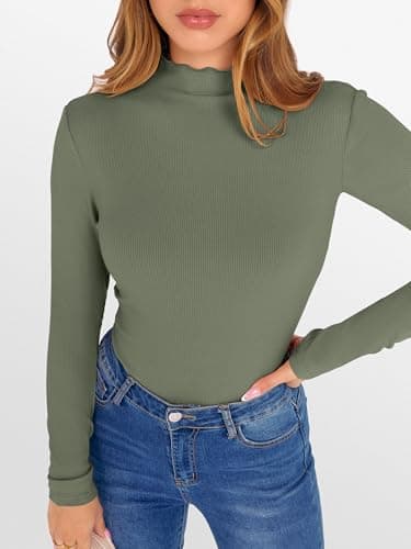 ANRABESS Women's Lettuce Trim Mock Neck Long Sleeve Tops 2026 Casual Dressy Ribbed Knit Slim Fit Tee Shirt Fall Layer Outfits Sage Green X-Small - Thumbnail 2