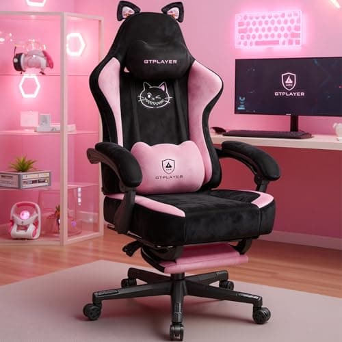 GTPLAYER Pink Gaming Chair Cute with Cat Ears Ergonomic Computer Chair with Cat Embroidery Adjustable Memory Foam Lumbar Support and Headrest Comfortable Reclining Office Chair Soft Velvet Fabric - Image 1