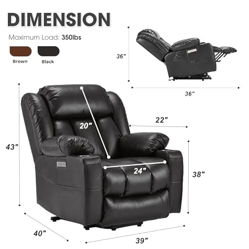Kasunpul Oversized Power Lift Recliner with Massage and Heat for Elderly, Heavy Duty Reclining Chair, Faux Breathable Leather, Includes USB/Type-C Ports, 2 Cup Holders& Remote Control, Black - Thumbnail 2