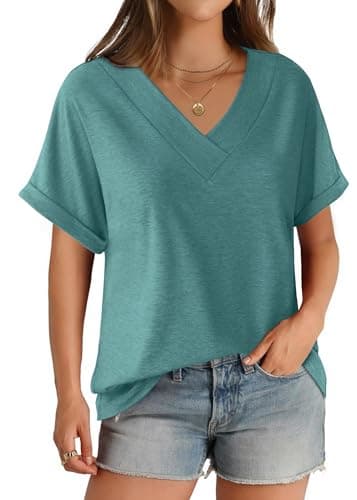 GKBK Womens Short Sleeve T Shirts V Neck Loose Fit Shirts Summer Casual Basic Tee Tops Cyan XXL