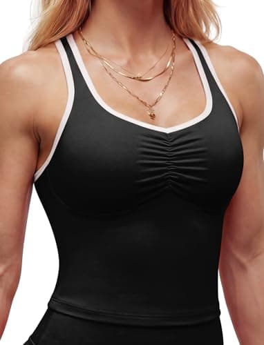 SEASUM Women's Tank Top with Built-in Bra, Longline Backless Scoop Neck Sports Crop Top,Contrast Binding, Removable Pads for Workout Gym Black S - Image 1