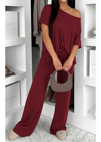 KIRUNDO Two Piece Sets for Women Lounge Airport Travel Vacation Outfits 2026 Summer Off Shoulder Tops Matching Wide Leg Pants(Burgundy, X-Large) - Thumbnail 6