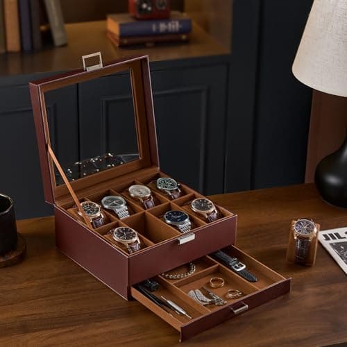 ProCase Watch Case, Fathers Day Gift for Dad, 8 Slot Mens Watch Box Holder Organizer with Glass Lid, 2-Layer Watches Display Case, Mens Jewelry Box with Drawer -8 Slot, Espresso - Thumbnail 5