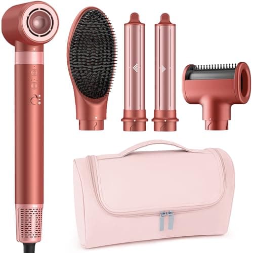 MESCOMB 5 in 1 High-Speed Hot Air Styler, Professional Frizz-Free Hair Dryer Brush, Fast Drying, No Heat Damage Air Styler Wrap for Curl, Volumize, Straighten, Includes Travel Bag (Hot Pink)