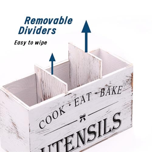 Kitchen Utensil Holder for Counter or Countertop, Extra Large Wood Organizer with 3 Compartments, Wooden Storage for Cooking and Silverware, Rustic Minimalist Decor, Sturdy Utensil Crock-White - Thumbnail 3