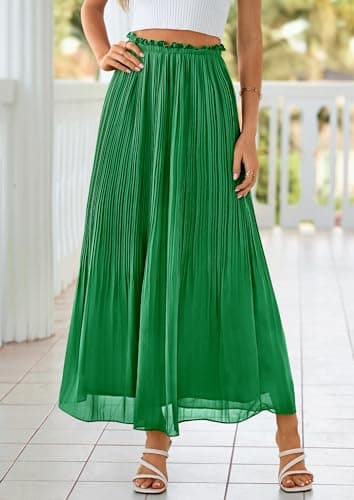 PRETTYGARDEN Long Skirts for Women Summer Vacation Outfits 2026 Spring Chiffon Elastic Waist Flowy A-Line Pleated Midi Skirt(Green,Small) - Thumbnail 2