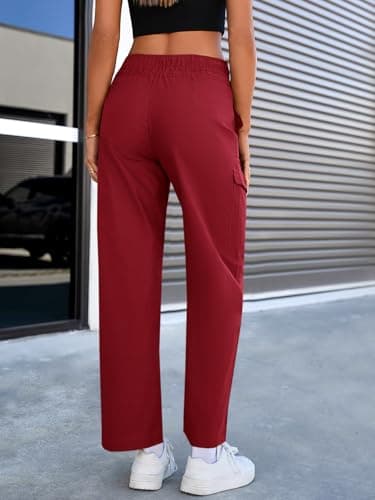 Cicy Bell Womens Cotton Cargo Pants Low Rise Drawstring Waist Wide Leg Casual Hiking Pants with Multiple Pockets Burgundy - Thumbnail 3