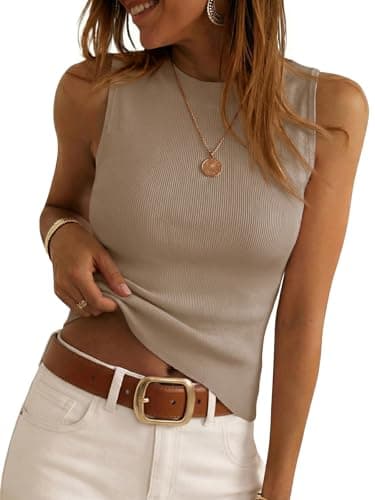 Saodimallsu Womens Tank Tops Summer Sleeveless Crew Neck Ribbed Knit Shirts Casual Basic Slim Sexy Sweater Vest Khaki - Image 1