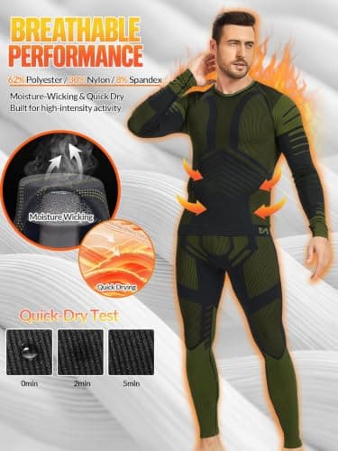 MeetHoo Mens Thermal Underwear Set Seamless Fleece Lined Base Layer Sports Long Johns Winter Gear Running Skiing Green - Thumbnail 2