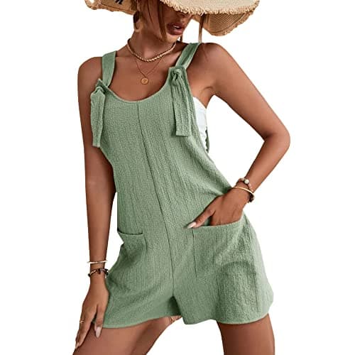 EGUGYDW Summer Rompers for Women Tie Knot Front Sleeveless Wide Leg Short Jumpsuits Army Green M - Thumbnail 2