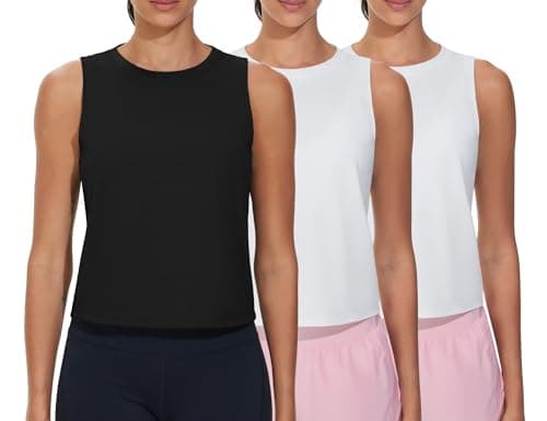 THE GYM PEOPLE Women's Workout Tank Tops 3 Pack Quick Dry Athletic Running Sleeveless Shirts Black/White/White - Image 1
