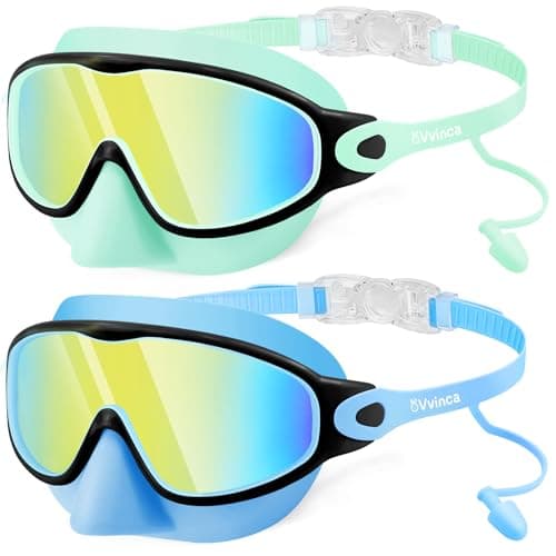 Vvinca Kids Swim Goggles 2 Pack with Nose Cover and Attached Earplugs, Wide View Anti-Fog/UV Swimming Goggles for Age 3-12 Boys Girls, No Leak Pool Water Clear Swimming Goggle for Youth Toddler - Image 1