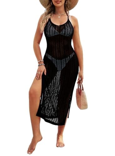 Pink Queen Women's Bikini Cover Up Fashion Backless Halter Swim Coverup Slim Bodycon Slit Crochet Summer Cruise Outfits Black L - Image 1