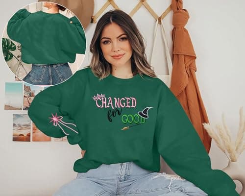 Musical Movie Sweatshirt for Women: Changed for Good Embroidered Long Sleeve Crewneck Loose Pullover Top Green - Thumbnail 4