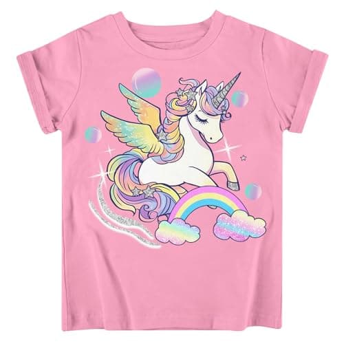 Funnycokid Little Girls Shirt Size 6 7 Kids Pink Tees Unicorns Bubbles Animal T-Shirt Graphic Short Sleeve Clothes Tops - Image 1