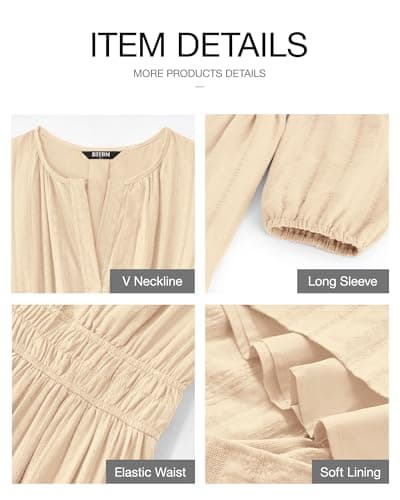 BTFBM Spring Dresses for Women 2026 Casual Long Sleeve V Neck Elastic Waist Lightweight Maxi Wedding Guest Dress Pockets(Apricot, Large) - Thumbnail 4