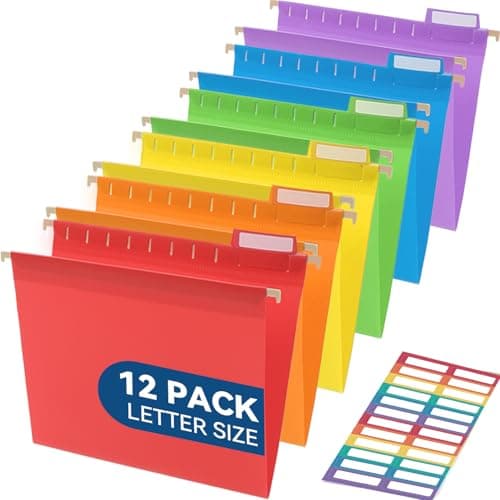 SortRax Plastic Hanging File Folders, Sturdy & Tear-Resistant, Letter Size, 12 Pack with Insertable 1/5-Cut Tabs, Assorted Colors - Image 1