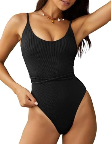 ZAFUL Womens One Piece Swimsuit Scoop Neck Lace Up Back Bathing Suit Cute Removable Pads Sexy 1 Piece Swimwear Black M - Image 1