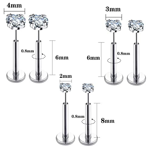 COTATI 20G Flat Back Earrings Stud Threadless Tragus Cartilage Lip Medusa Piercing Jewelry Hypoallergenic (Silver,20G 2/3/4mm CZ) - Thumbnail 4