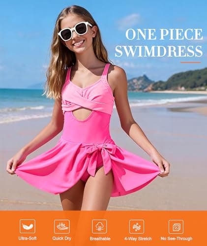 MFAVIP Girls One Piece Swimsuits, Girls Bathing Suits Pink Ruffle Swimsuit with Removable Pads and Adjustable Straps Size 9-16 - Thumbnail 4