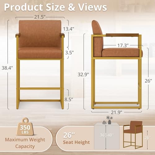 LUE BONA Bar Stools Set of 2, Counter Height Bar Stools with Backs and Arms, Modern BarStools with Metal Legs, Upholstered Bar Chairs for Kitchen Islands, Brown and Gold - Thumbnail 2