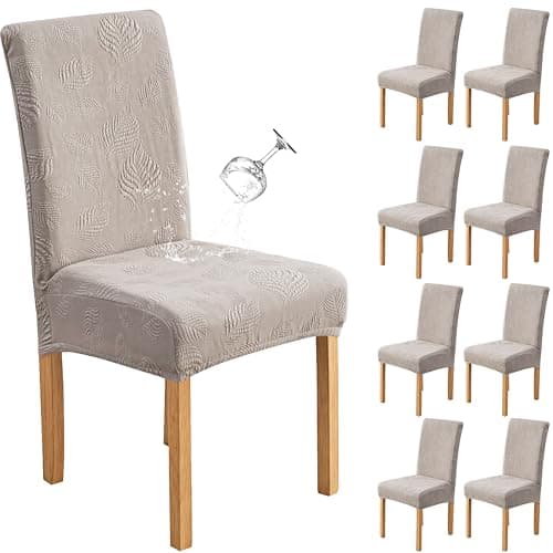 Genina Waterproof Dining Chair Covers Set of 8,Stretch Dining Room Chair Slipcovers with Leaf Jacquard,Removable Kitchen Chair Protector for Home,Restaurant,Banquet-Warm Grey - Image 1