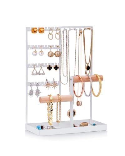 DIICRIN Jewelry Stand Organizer for Necklaces Earrings Bracelets, Metal Jewelry Stand with Tray Base, White Necklace Holder Display - Image 1